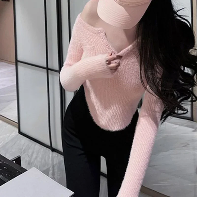 OCEANLOVE Y2k odzież damska swetry solidna V Neck jesienne ubrania zimowe seksowne swetry Slim koreański Fashion Pull Femme Vintage