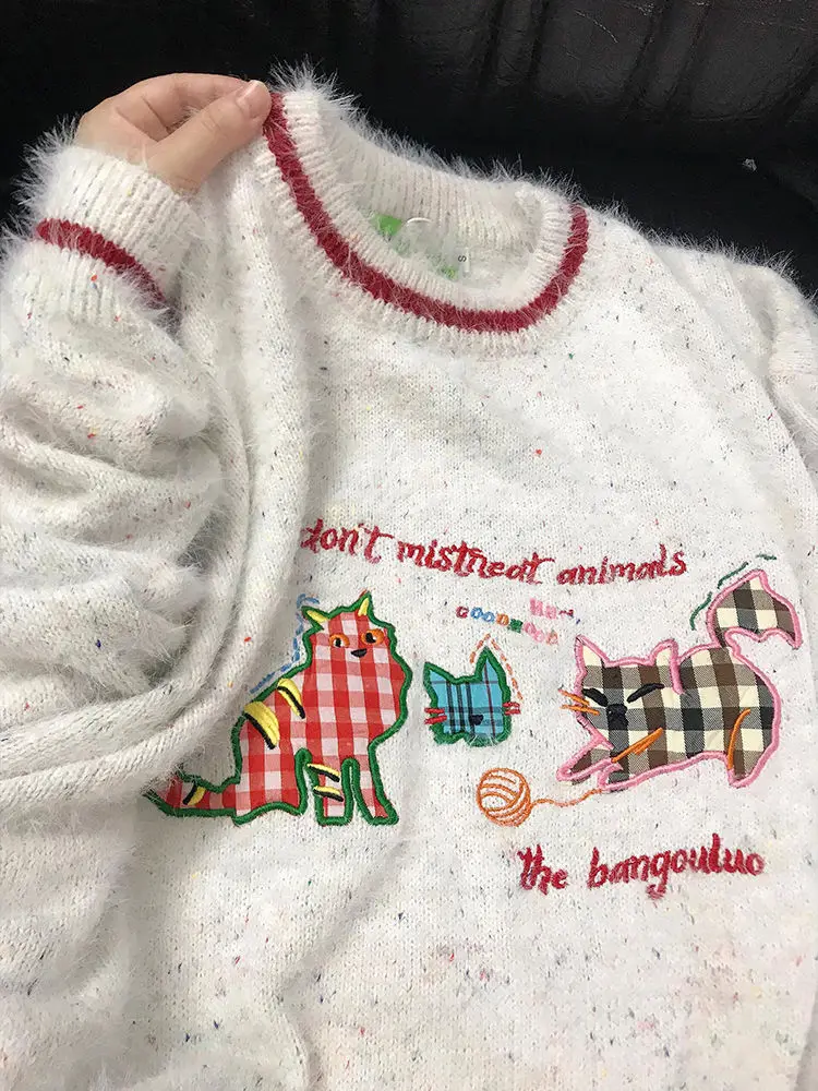 

Cartoon Pattern Round Neck Knitted Sweater Spring Autumn Christmas Loose Versatile Women's Long Sleeved Knitted Pullover