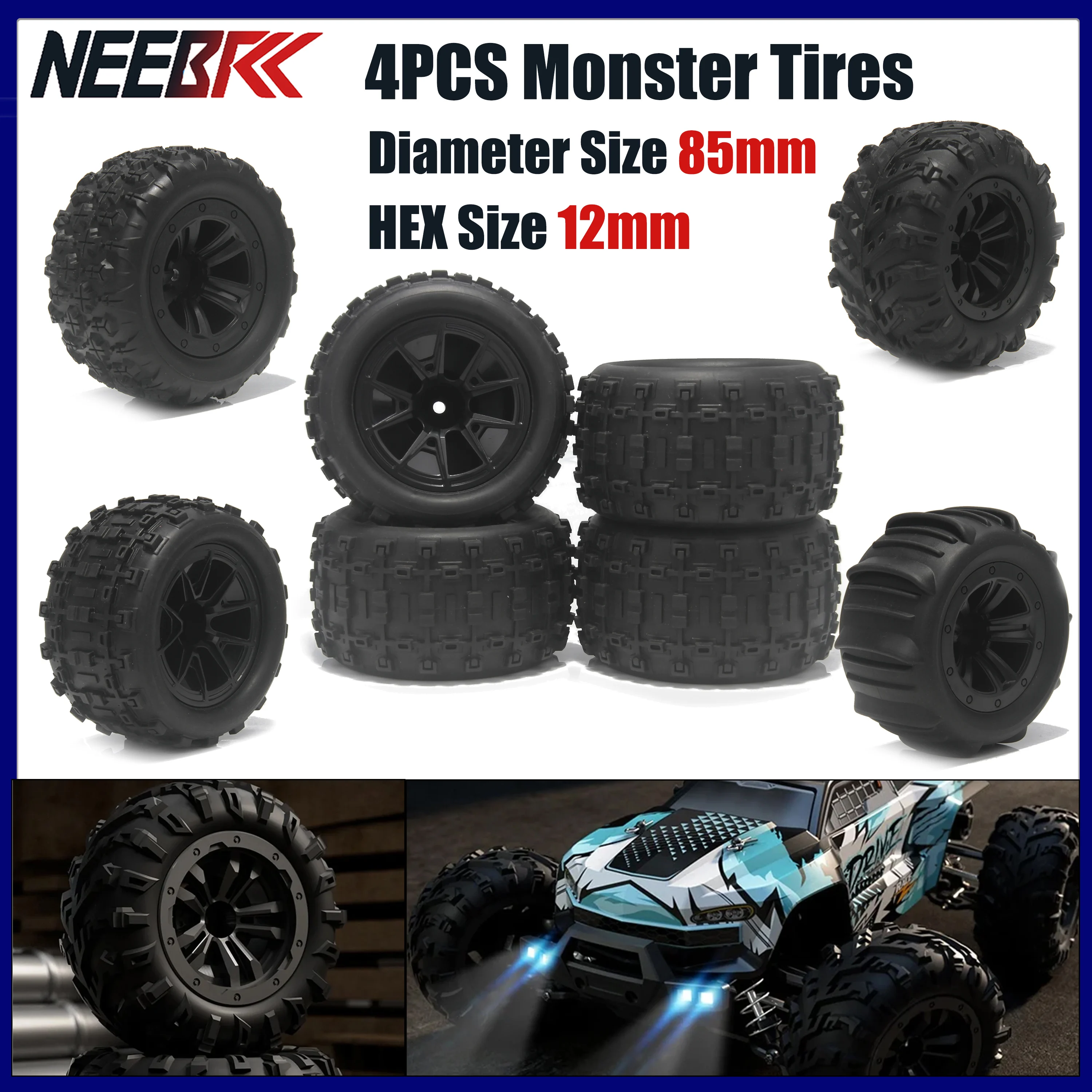 

4 шт. NEEBRC 85 мм 12 мм шестигранные резиновые шины для 1/16 1/14 RC Monster Truck Hyper Go 14210 16210 WLTOYS 144001 144010 124016