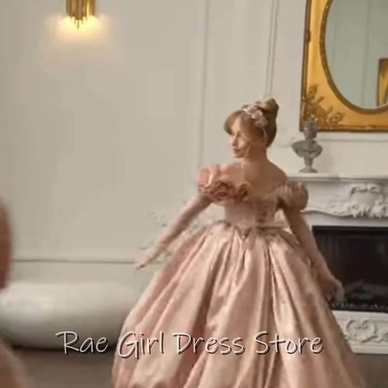 Customized Light Pink Satin Flower Girl Dress For Birthday Mini Bubble Skirt Gown Off Shoulder Corset Bodice Customized