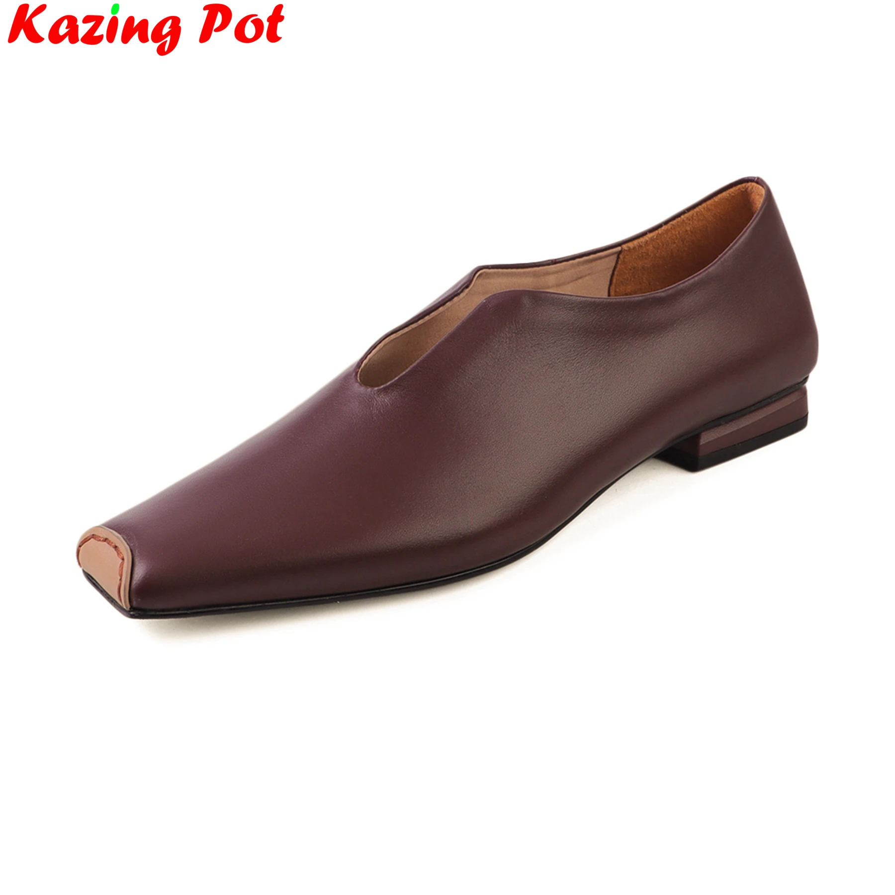 Krazing pot couro de vaca dedo do pé quadrado elegante retro deslizamento em sapatos primavera grosso salto baixo namoro passarela casual marca bombas femininas