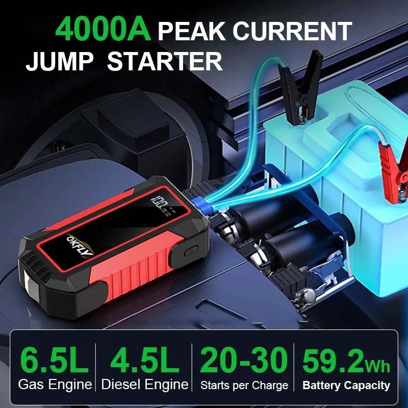 GKFLY 4000A Car Jump Starter 59.2Wh Power Bank Portable 12V Starting Device for Car Battery Emergency Starter