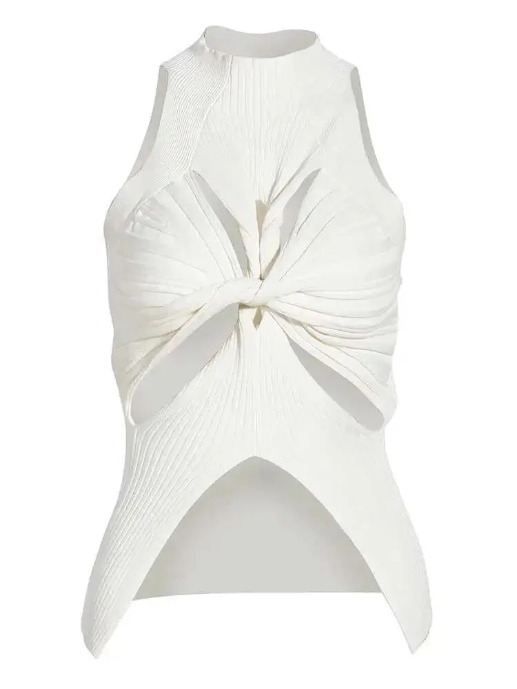 2024 Summer Women's Knitted Tops New Fashion High Collar Hollow Out Kink Sleeveless Solid Color Tank Tops Female 1SHDB