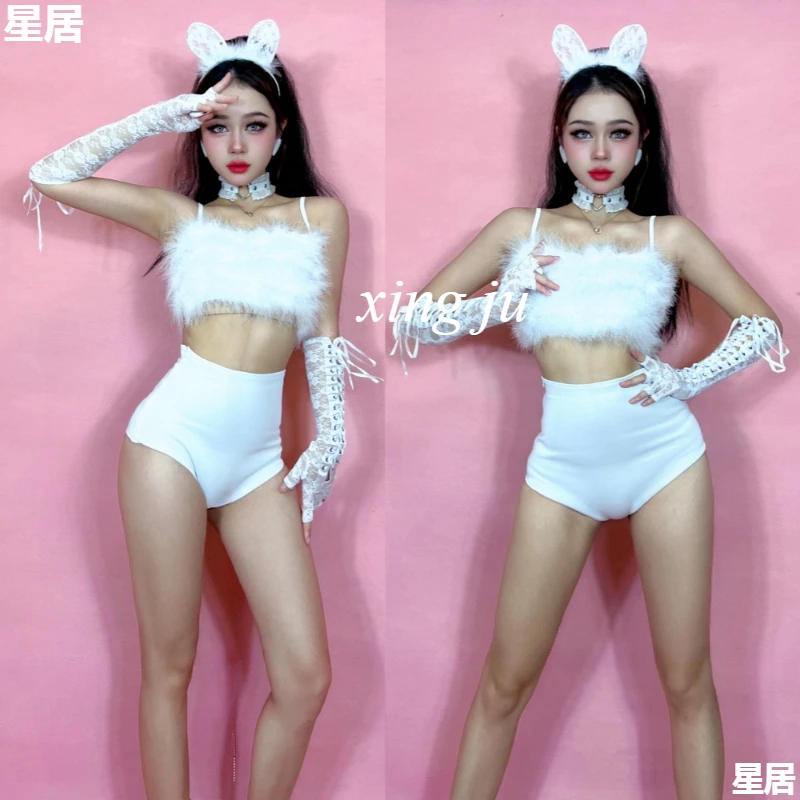 New Female Singer Stage Performance Suit Jazz Dance White Furry Sling Tops Slim Shorts Nightclub DJ Hip Hop Dance Rave Costumes