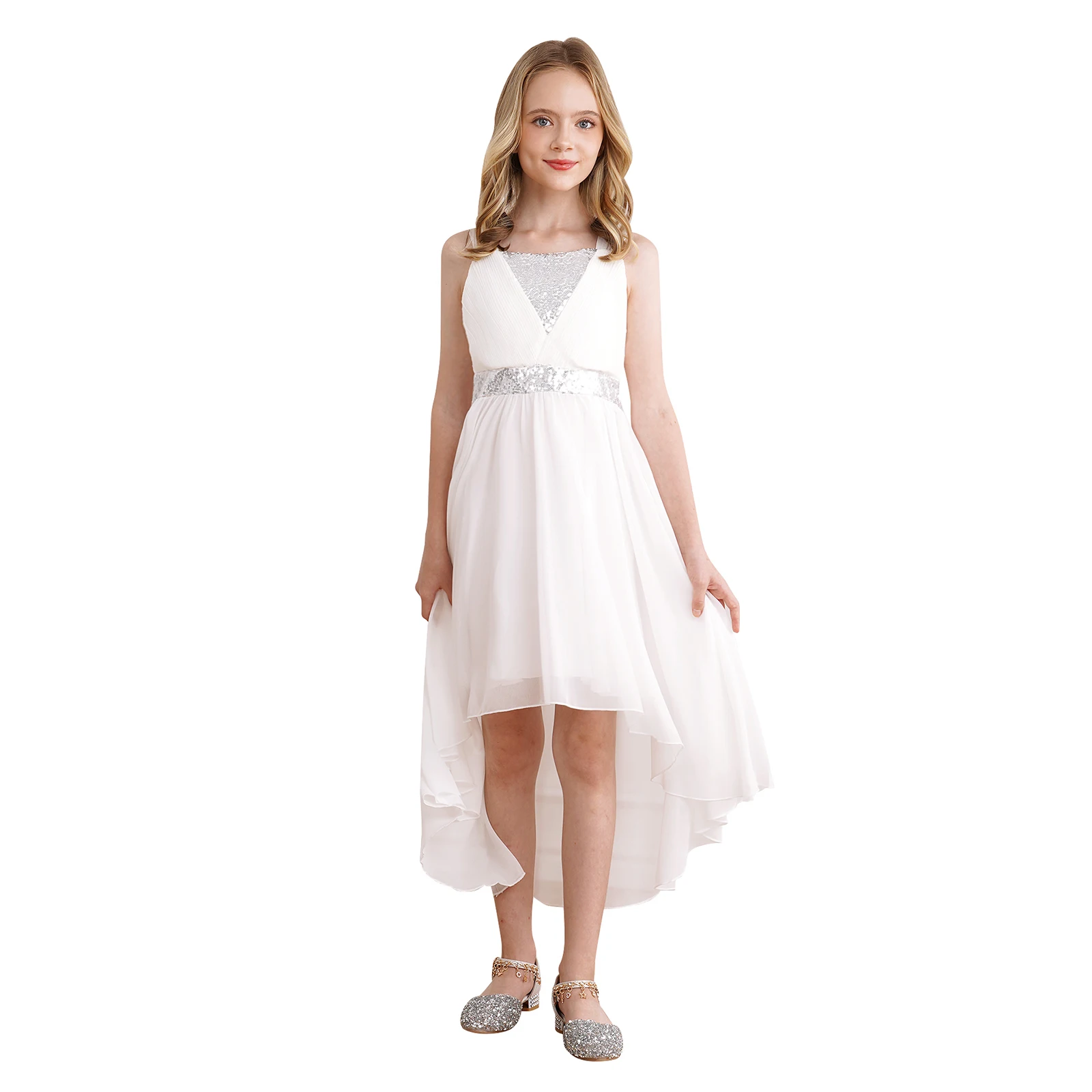 Kids Girls Evening Dresses Sleeveless Chest Sequins Behind Bow Tie Dress Sequin High Waist Irregular Hem Chiffon Skirt