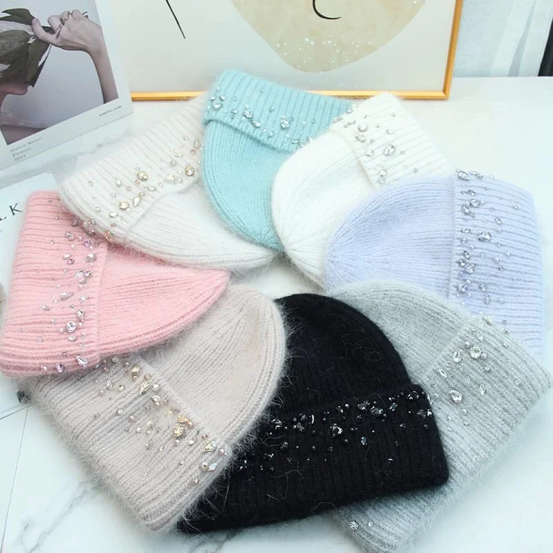 

Шапка из кроличьего меха со стразами, утолщенная вязаная шапка на осень/зиму, женская утягивающая шапка с капюшоном для похудения ушей