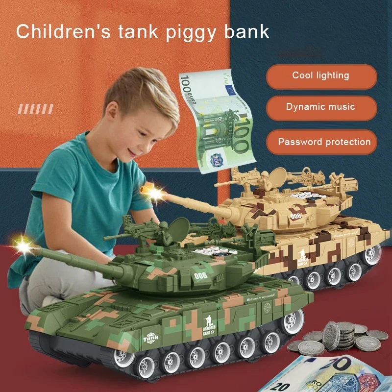 Children's Piggy Bank, Tank Toy for kids, Military War Tank Car, Automatic roll money， with Music and light