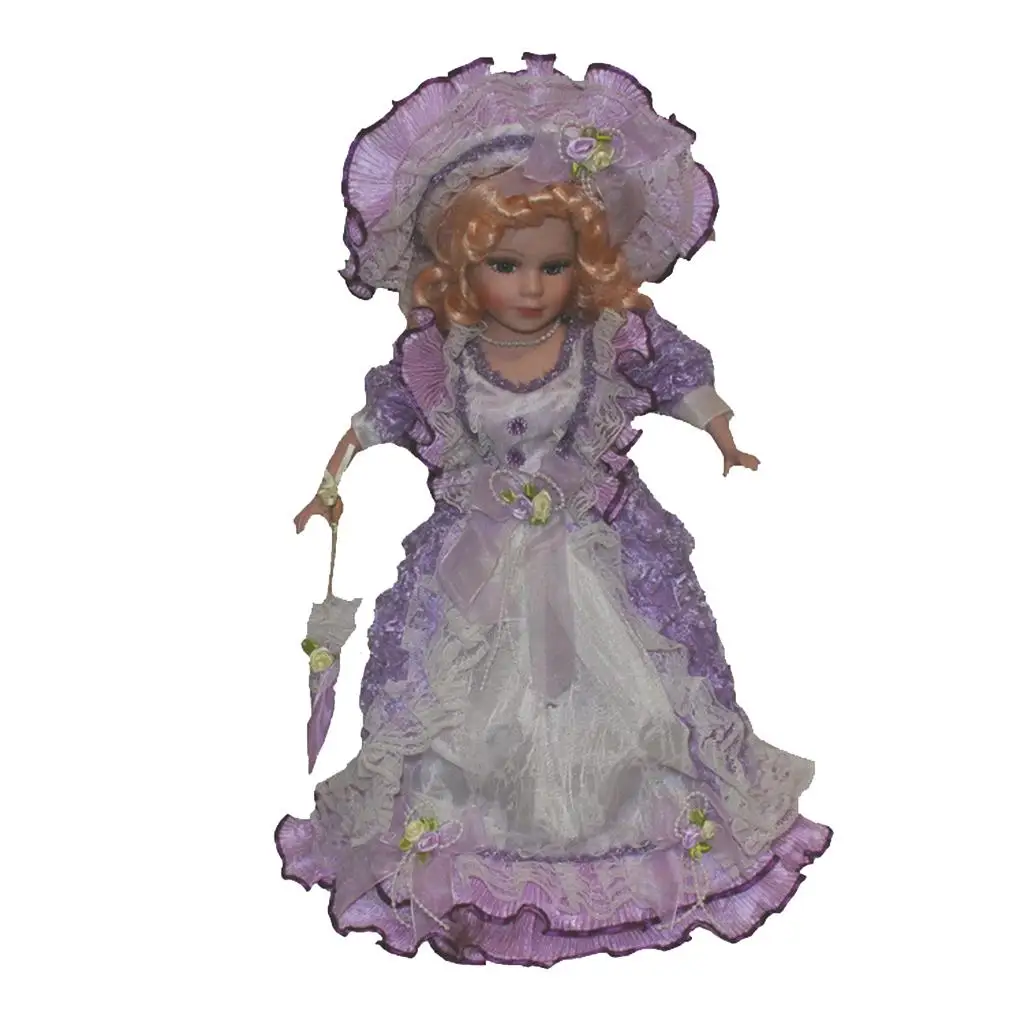

16inch Elegant Porcelain Doll with Stand, People Figures in Purple Dress Hat, Kids Gift Adult Collections