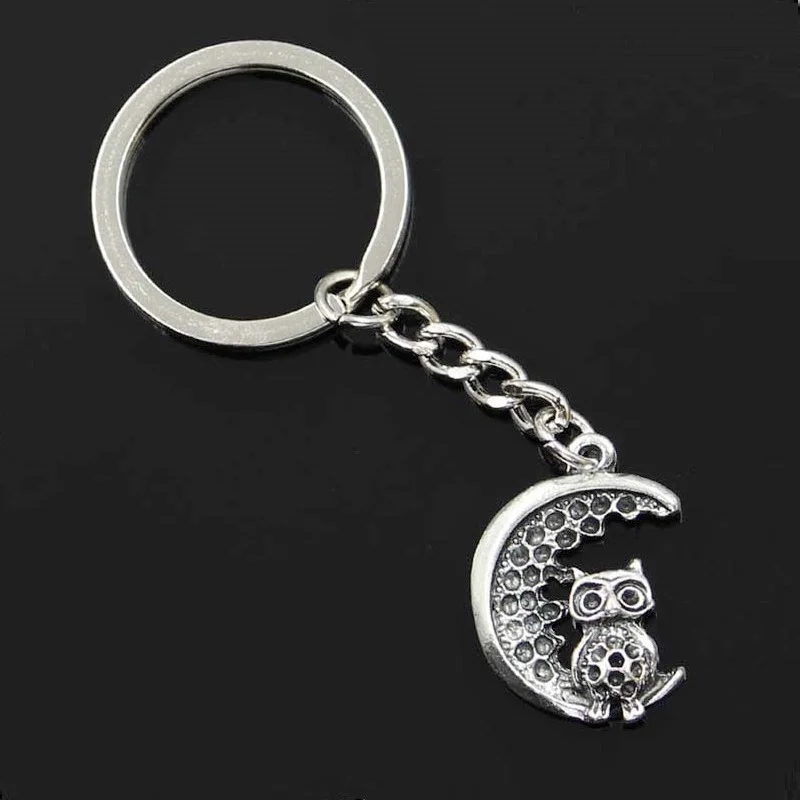 New Fashion Men 30mm Car Keychain DIY Metal Holder Chain Vintage Moon Owl 27x20mm Silver Color Pendant Gift