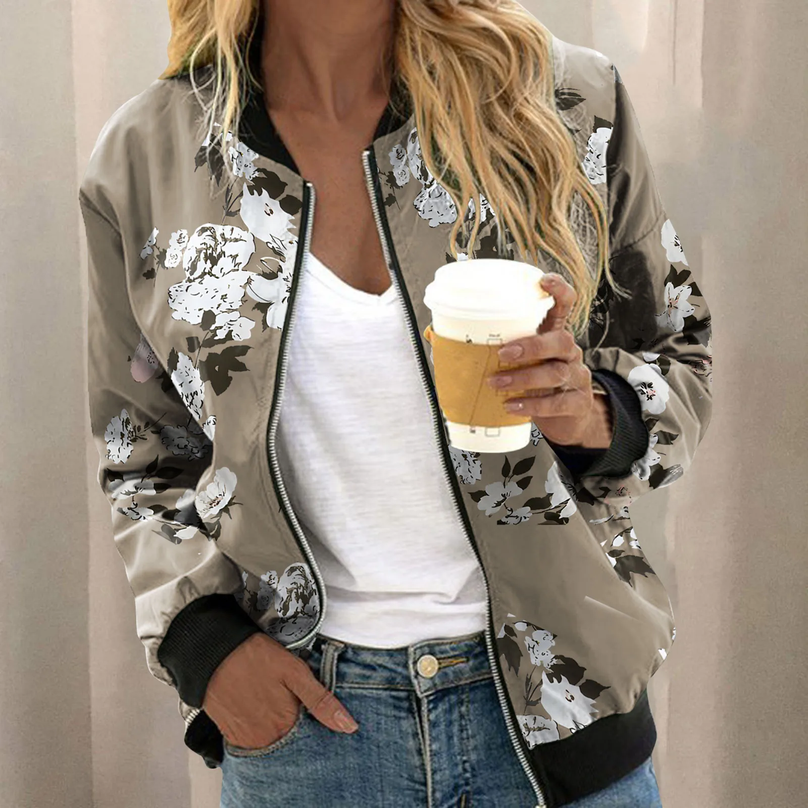 Chaqueta informal con estampado de flores para mujer, abrigo de manga larga con cuello levantado, ropa de exterior con cremallera, cárdigan cálido, uniforme de béisbol, ropa femenina