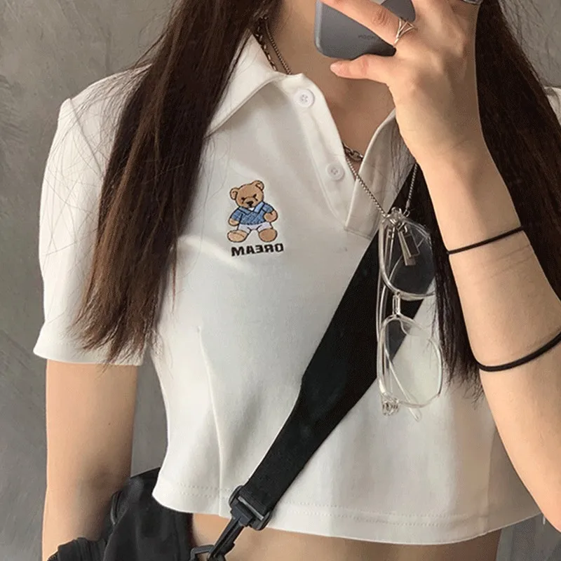 Summer Slim bear Aesthetic Short Sleeve women T-shirt cute  Harajuku kawaii 90s Y2K baby short Korea Ulzzang Crop Top women Tees