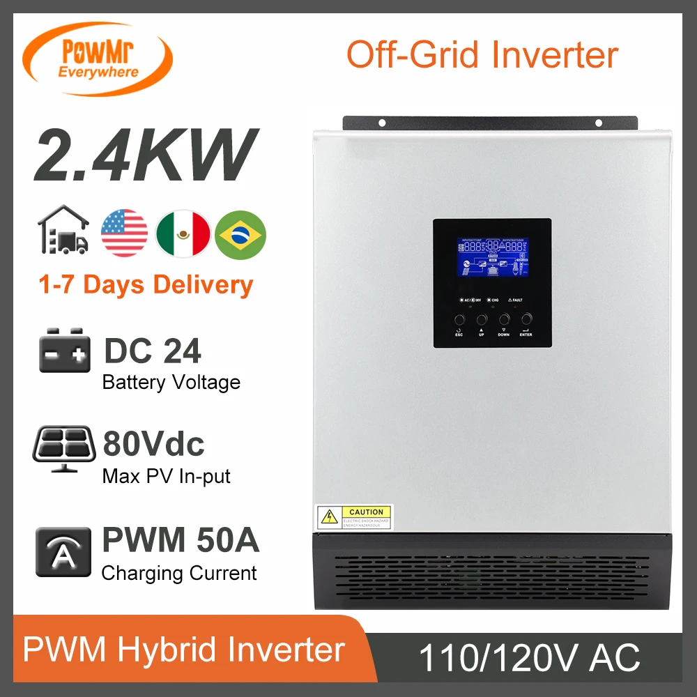 PowMr 3KVA 2400W 24V Pure Sine Wave Solar Inverter With PWM 50A Solar Charge 110/120V AC Off-Grid Hybrid Inversor US MX Delivery