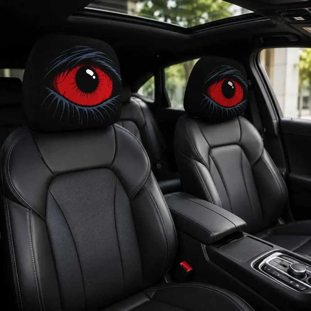 2PCS Red Slant Eyes Car Headrest Covers 2D Double Sided Print Funny Universal Car Interior Decor Interesting Auto Accessories