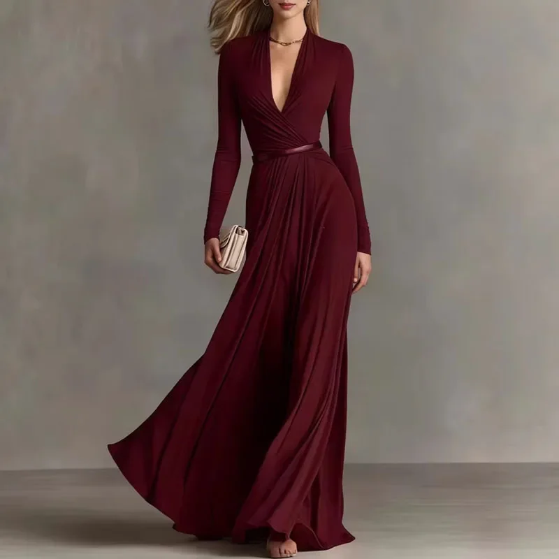 Robes for Woman Sexy Deep V Neck High Waist Maxi Dress Long Sleeve Elegant Solid Flowy Party Dresses Summer Bohemian Dress Mujer