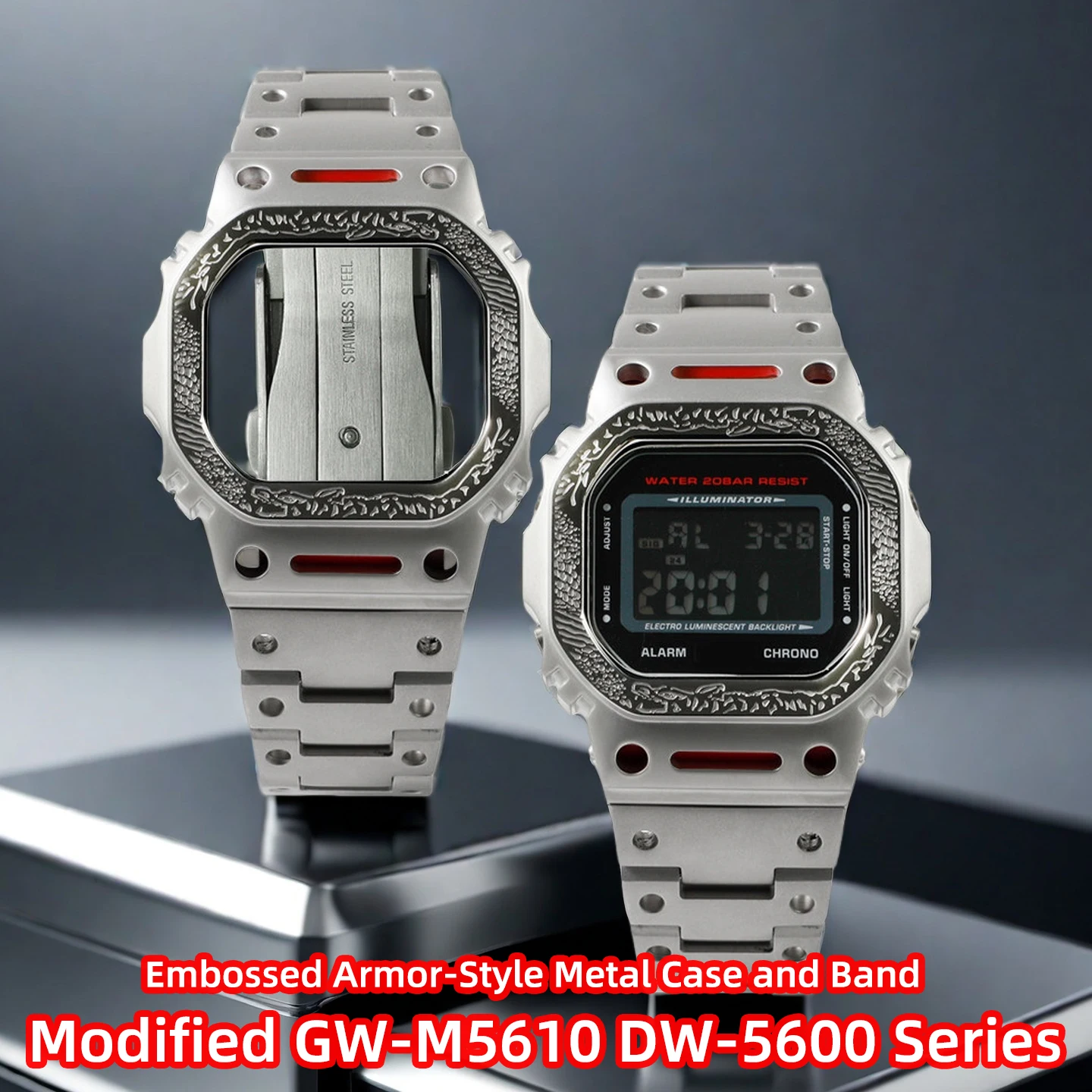 For Casio G-Shock Series GW-M5610 DW-5600 Custom Tiger Rock Texture Embossed Armor Metal Case and Band Watch Accessories