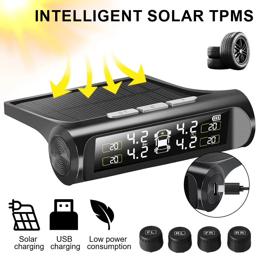 

Auto Security Alarm Digital LCD Display 2025 Tyre Pressure Solar Power External Sensor Car TPMS Tyre Pressure Monitoring System