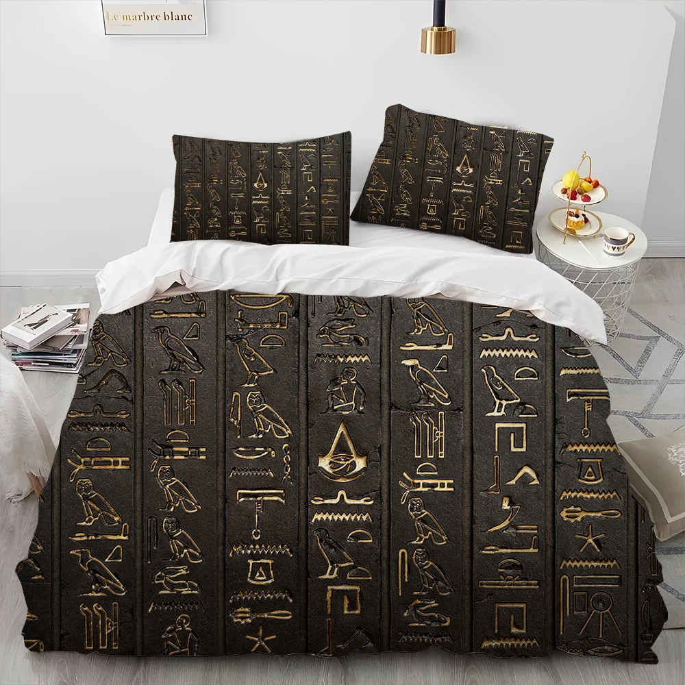 Egyptian Mythology Pharaoh Hieroglyphics Comforter Bedding Set,Duvet Cover Bed Set Quilt Cover Pillowcase,Queen Size Bedding Set