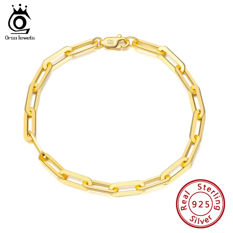 ORSA JEWELS Gold Plated Genuine 925 Sterling Silver Paperclip Link Chain Bracelet for Women Men 7, 8, 9 Inches Bracelet SB109