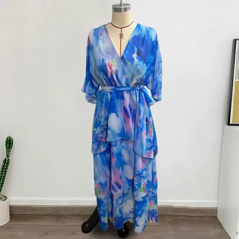 Vestido boho azul com babados – vestido maxi estampado com manga borboleta em camadas soltas para mulheres, férias na praia, roupa de verão