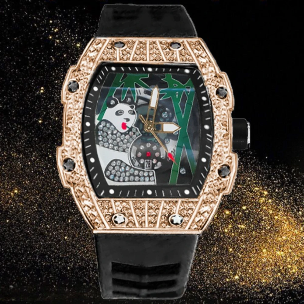 

Fashion Panda Bamboo Zircon Engraved Dial Tonneau Quartz Watch Men Full Diamond Hollow Carving Luxury Luminous Watch Men Clock