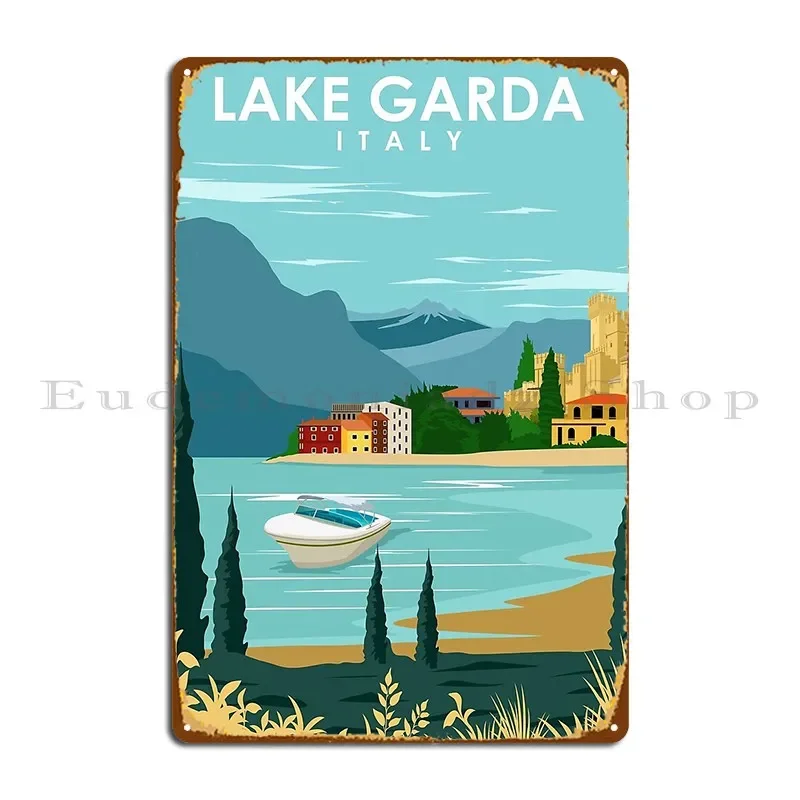 Lake Garda Italy Vintage Minimal Retro Travel Poster  Metal Sign Wall Decor for Home Club Party Plates  Jornvanhezik Printed Tin