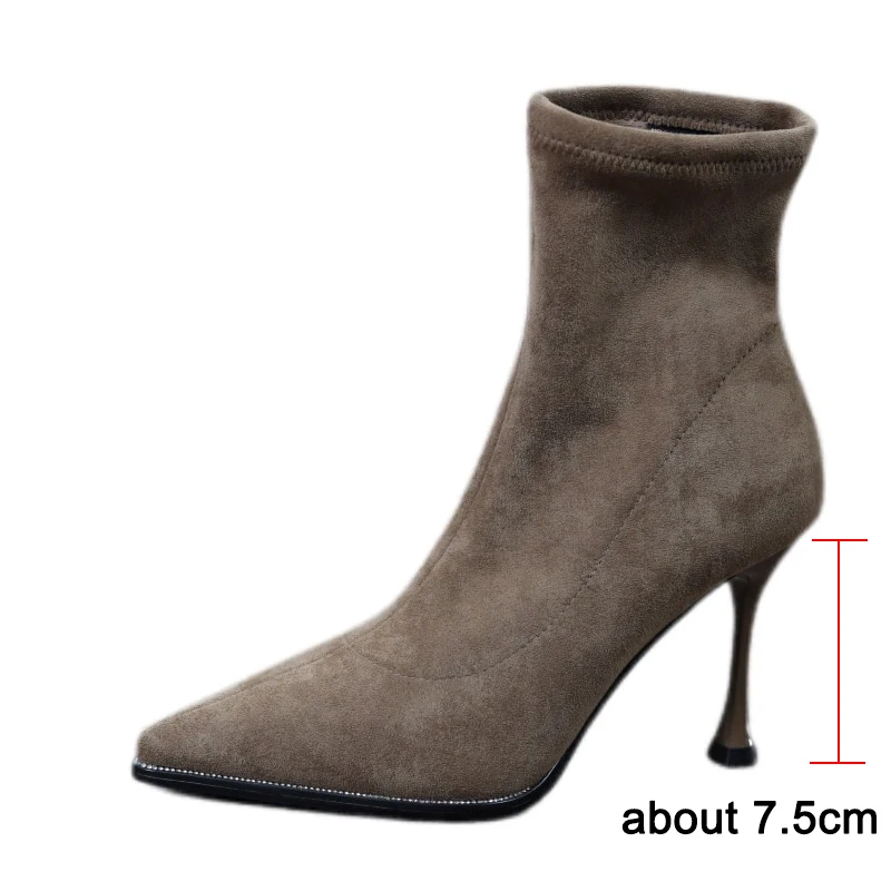 2024 New Women\'s Elastic Boots Fashion Crystal Pointed High Heels Middle Boots Women\'s Thin Heels Short Boots Autumn and Winter