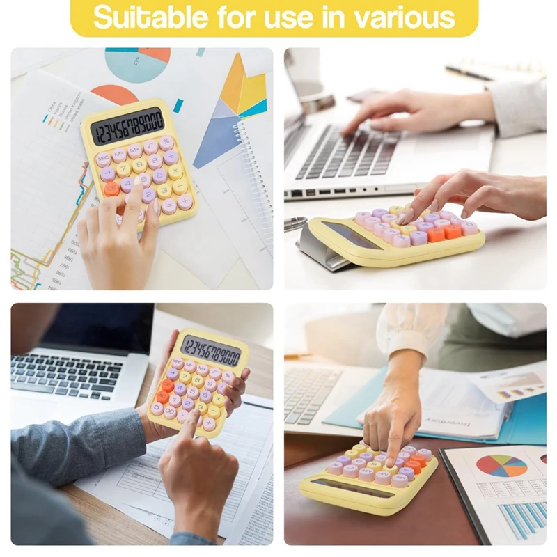 Mechanical Pushbutton Calculator, 12 Digit LCD Display, Big Buttons Easy To Press, Colorful Candy Calculator Yellow Durable