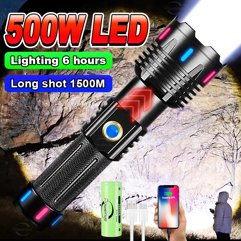 

500W Flashlight LED Torch Light High Power 100000 Lumens Type-C Portable Tactical Flashlights Long Range Rechargeable Lamp