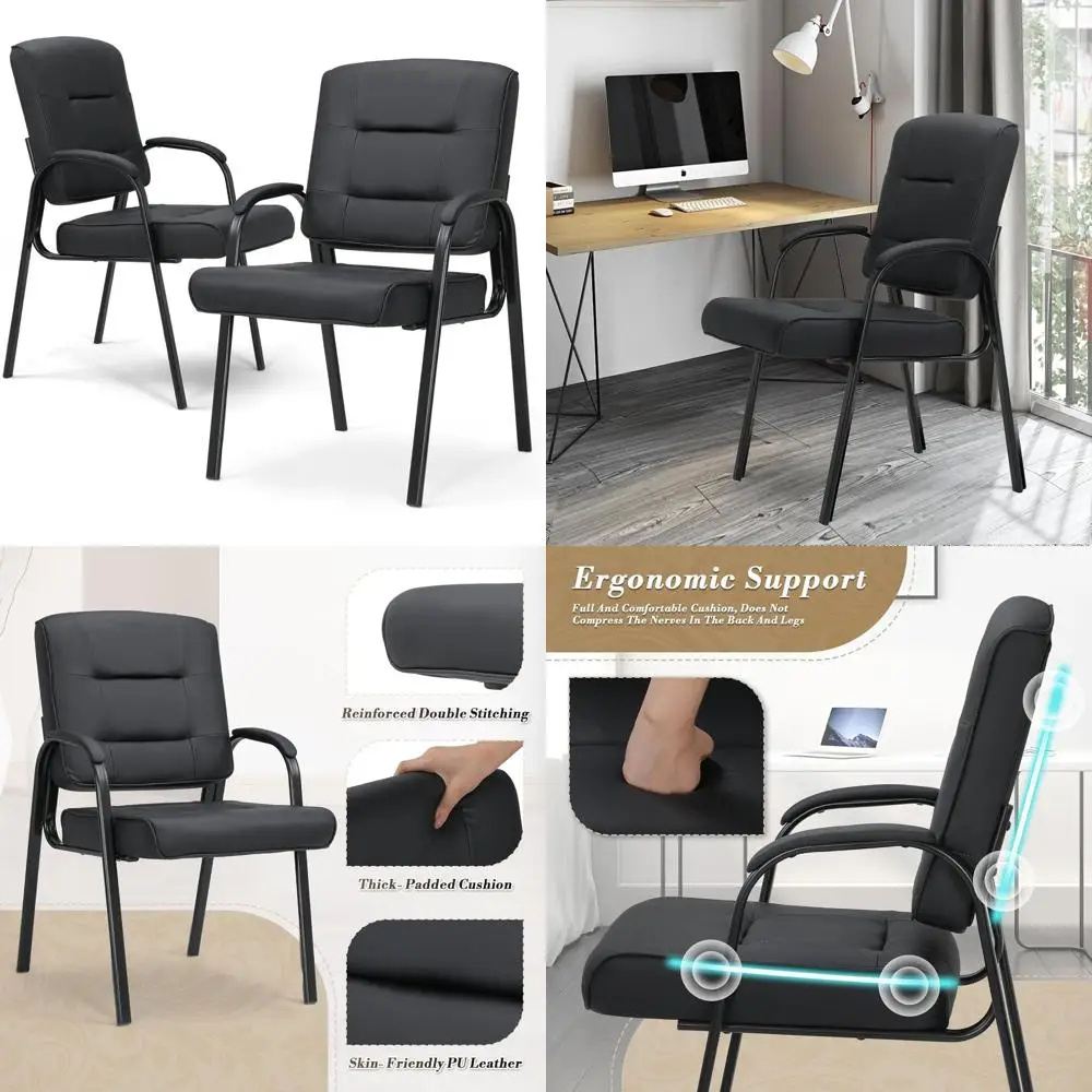 

Pair of Black Leatherette Office Chairs with Armrests for Waiting Areas and Conference Rooms