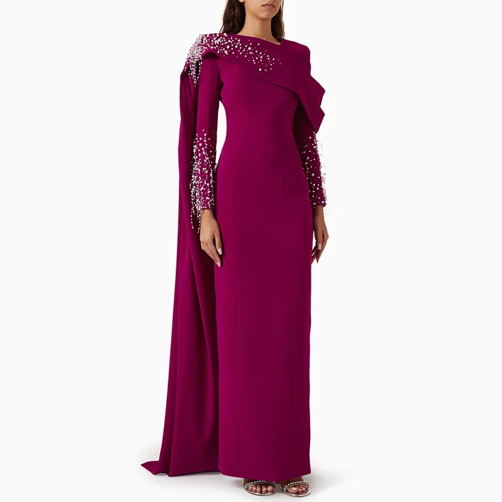 

Customized New Evening Dress 2025 with Cape V Neck Long Sleeves Pearls Beading Saudi Arabia Party Special Formal Prom Dresses