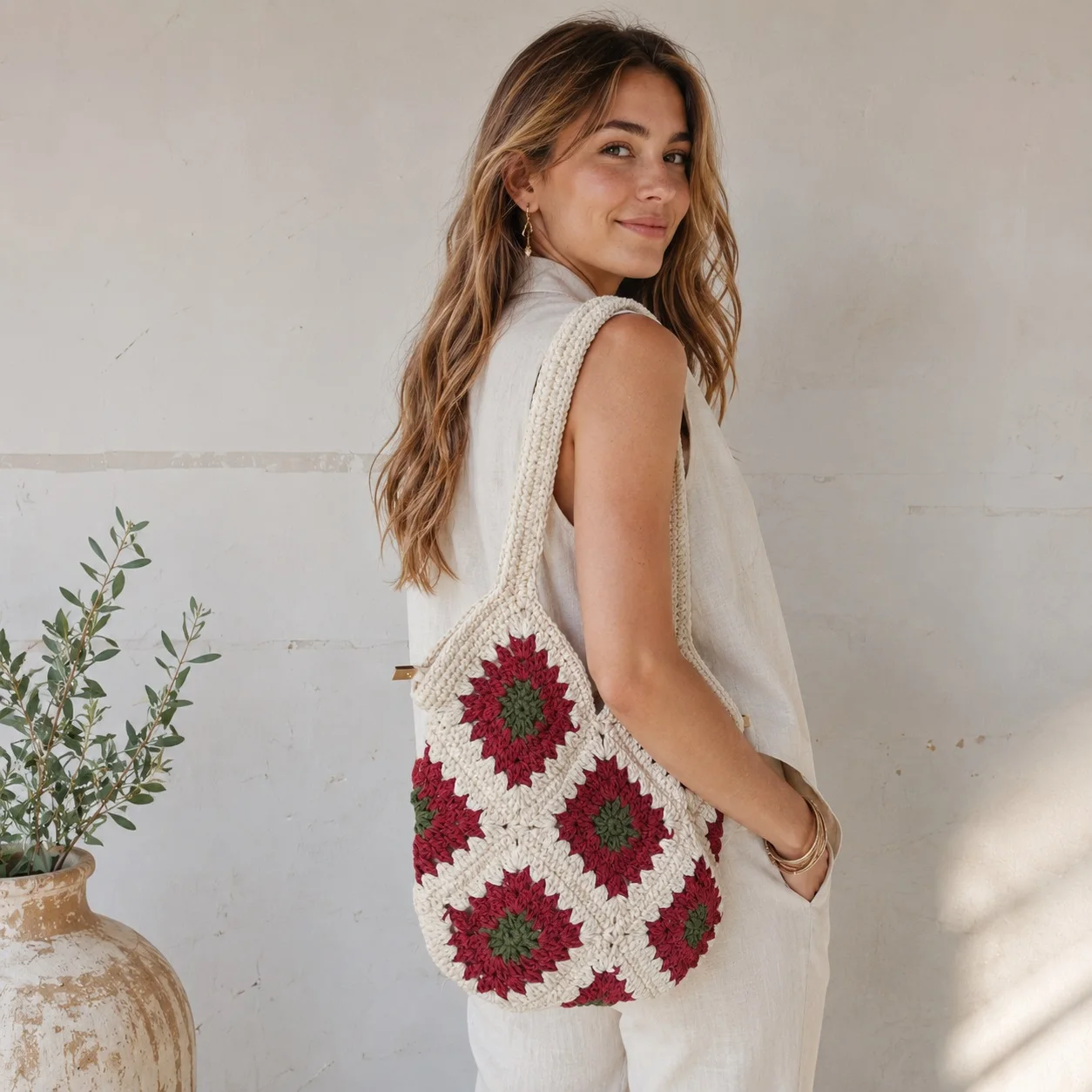 Floral Knit Shopper Purse Vintage Cotton Crochet Handbag Boho Chic Underarm Tote Bag with Zipper Top Casual Beach Pouch