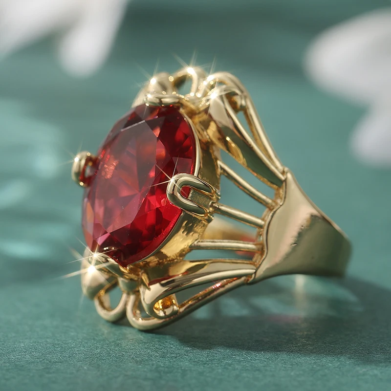 Vintage-Ring für Damen mit eingelegtem roten Stein, trendige Goldfarbe, handgeschnitzt, hohl, für den täglichen Gebrauch, Partyschmuck, Jubiläumsgeschenk – Detail 1