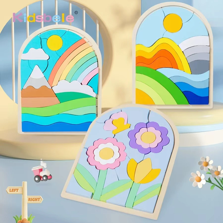 Bloco de construção de arco-íris de paisagem em camadas 3D de madeira com classificação e empilhamento de habilidades motoras finas desenvolvimento brinquedo educativo para crianças