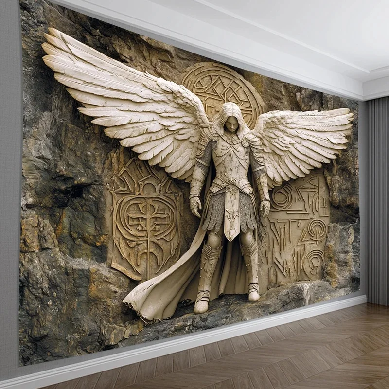 VIKAMA Winged Knight Wall Hanging, Ancient Rune Stone Relief Angel Warrior Tapestry, Lightweight Indoor Aesthetic Wall Decor