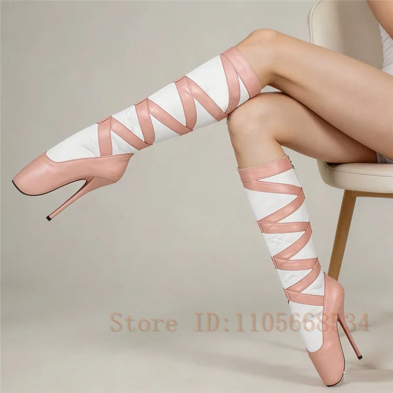 

Women Color Blocking Knee High Ballet Stiletto Boots Crisscross Wrapped Strap Design Ultra High Heel Exotic Pole Dance Shoes