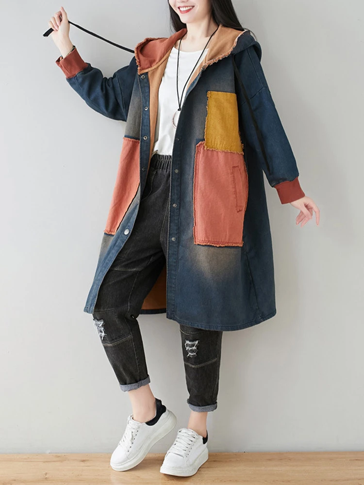 Max LuLu 2023 Autumn Womens Fashion Oversized Hooded Denim Long Trench Vintage Windbreakers Womens Classic Leisure Loose Coats