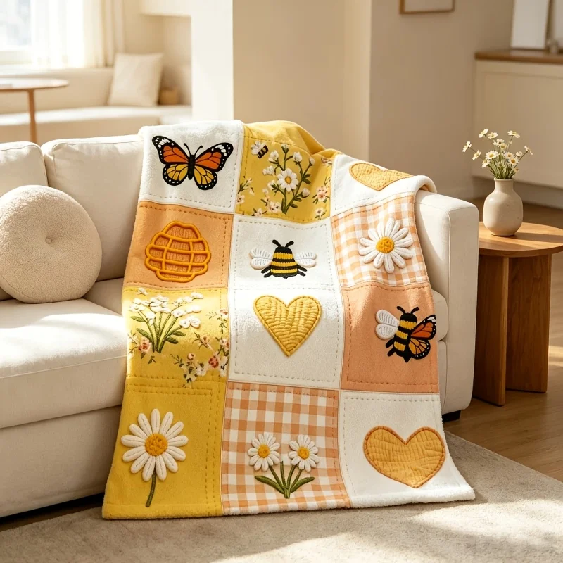 1pc Bee Daisy Heart‑Print Throw Blanket, Sofa & Bed Decor, Multi‑Holiday Home Gift