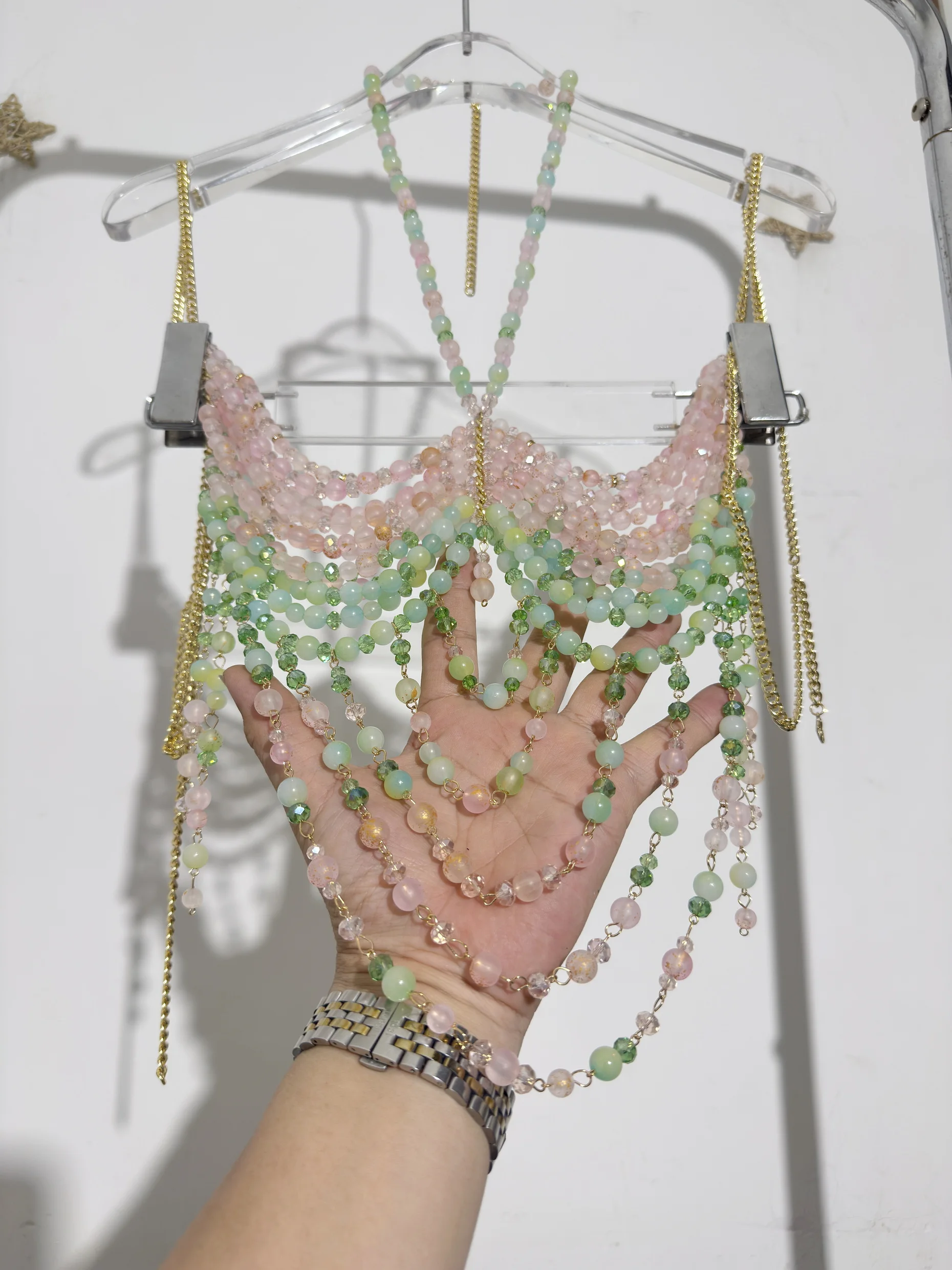 Boho Gradient Koraliki Damski Nowy Gorący Seksowny Rave&Beach Look Ręcznie Robiony Łańcuszek na Ciało Bez Ramiączek Kolorowy Krótki Top Tank Strój Kąpielowy Bielizna