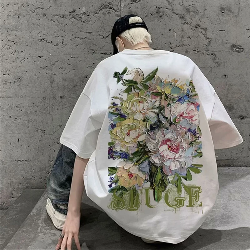 

2025 Vintage Oil Painting Cotton Short Sleeve T-shirt Men's Summer Hip Hop Goth Fashion Tee Shirts Graphic Y2K Streetwear Tops
