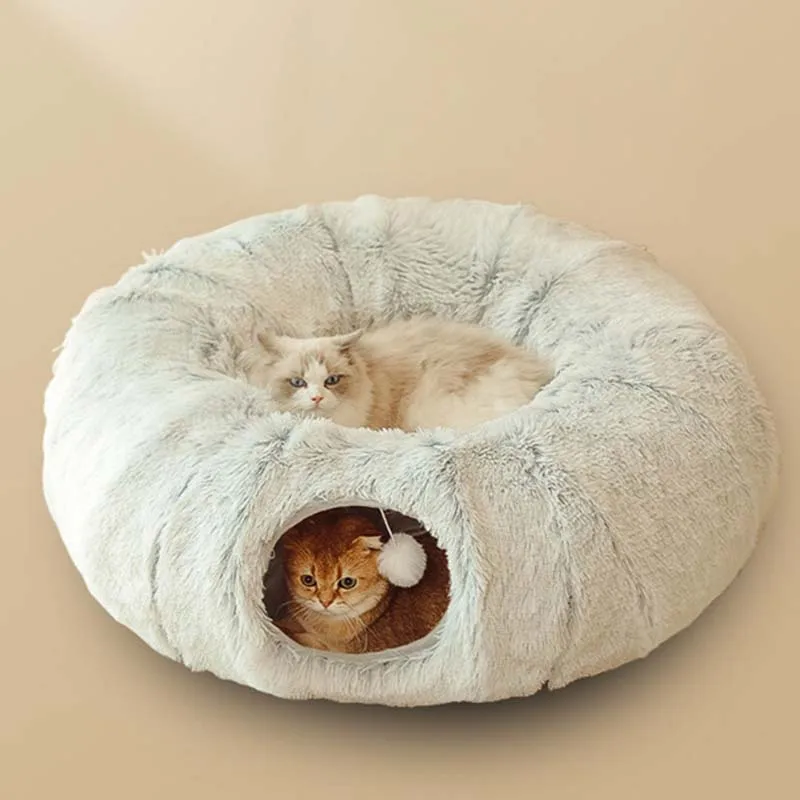 Plush Warm Cat Bed with Tunnel for Indoor Cats Collapsible  Donut Cat Playing Sleeping Cave Non-slip Kitten Nest Pet Supplies