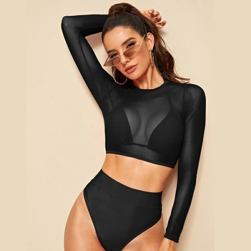 

Bathing Suit Women Long-sleeved Blouse Mesh Bikini Swimsuit Split High-waisted Triangular Three-piece Swimsuit High-waisted And
