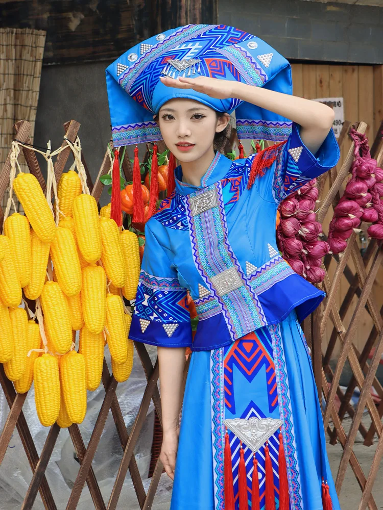 

Zhuang Female Adult Minority Costume March 3rd Dance Performance Costumes Dai Nationality Travel Photography Set New Prom Dresse