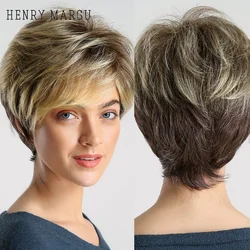 HENRY MARGU Dark Root Ombre Brown Blonde Short Hair Wigs Fluffy Pixie Cut Synthetic Wig for Black White Women Heat Resistant