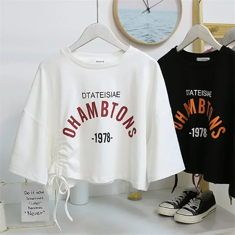 

Fashionable Printed Drawstring Short Top Women Design Temperament Short Sleeve T-Shirt Black Green Pink White Orange Casual