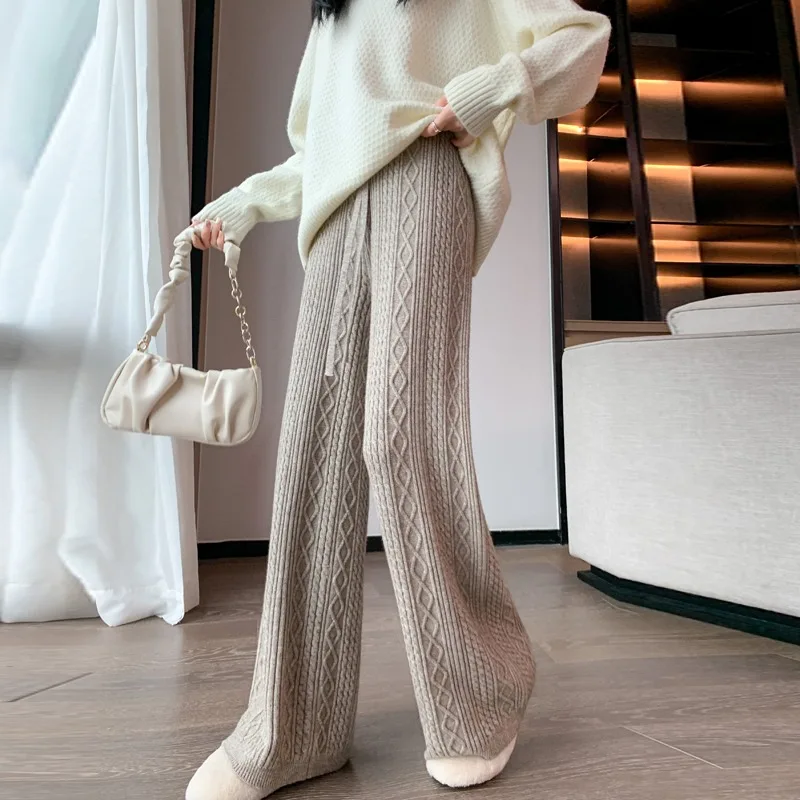 

2024 Women's Autumn Winter New Knitted Wide-leg Pants Female High Waist Mop Pant Ladies Drawstring Loose Casual Trousers T754