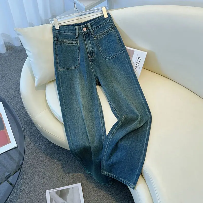 

High-waisted wide-leg pants, chic and stylish, versatile straight-leg jeans for fashionable girls2025Vintage Blue Casual Women's
