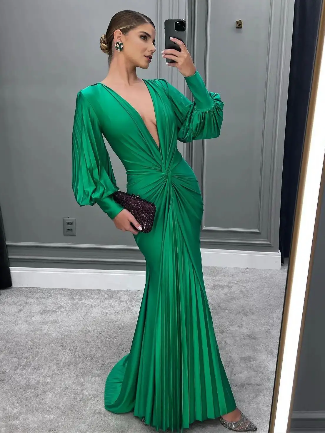 Evening Party Dresses For Women 2024 Sexy Luxury Deep V Neck Satin Green Maxi Club Dress Vestidos Largos