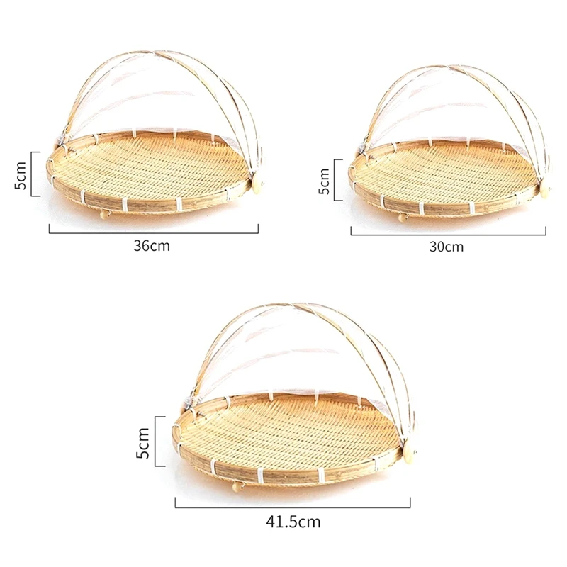 Comida de bambu comida servindo tenda cesta mão-tecido cesta servindo à prova de poeira redonda cesta de piquenique frutas vegetais pão durável a