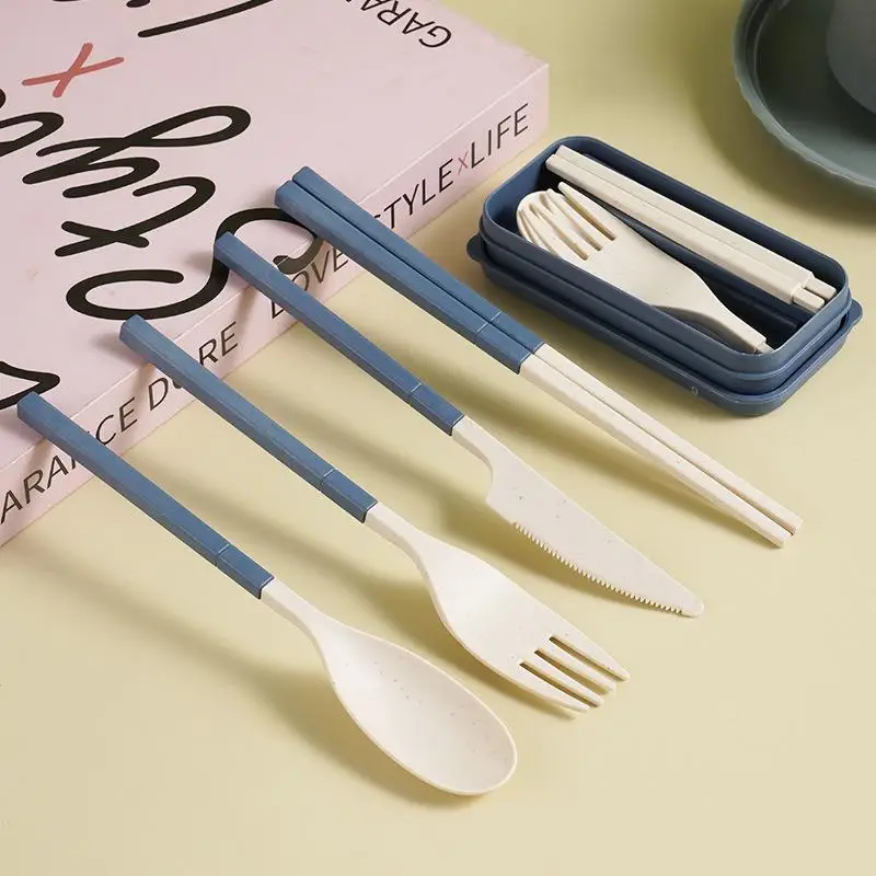 Reusable Wheat Straw Cutlery Spoons Forks Chopsticks with Box Outdoor Portable Travel Detachable Kitchen Accessories