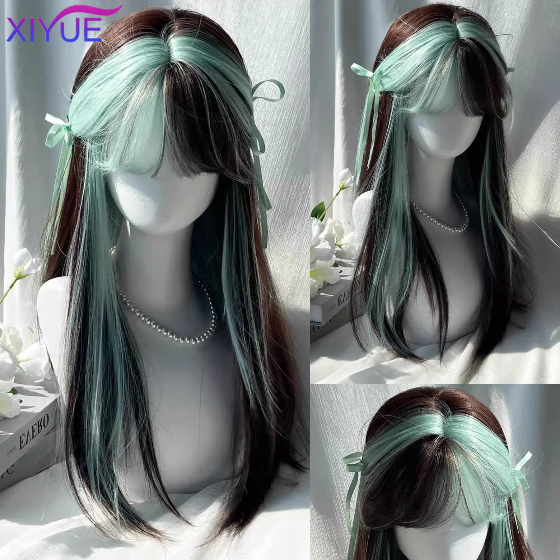 XIYUE Synthetic Long Straight Lolita Wig with Bangs Wig Girl Cute Brown Black Green Ombre Cosplay Party Halloween Harajuku Wig